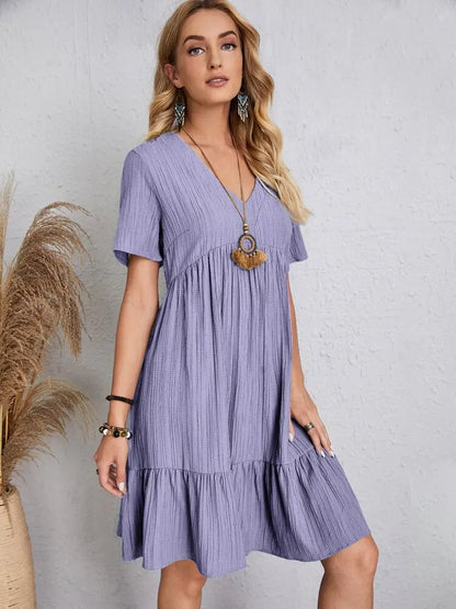 Women Elegant Short Sleeve V Neck Ruffles Dress Summer Casual Solid Loose Mini Dress Chic Bohemian Sundress Beach Party Vestidos Badiee Stylez