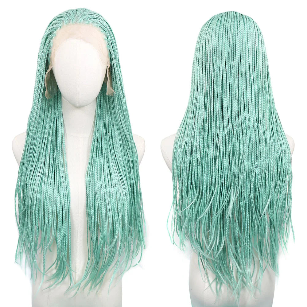 Ombre Blue Box Braided Wigs for Women 26inch Knotless Goddess Box Braid Lace Front Wig Colored Crochet Braid Synthetic Wig Tiffany Blue 26inches 13x3 Lace Front