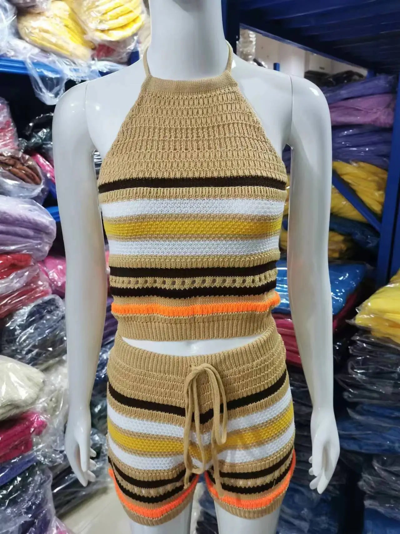 Striped Hollow Out Top & Drawstring Shorts Set Women Two Piece Set Y2k Club Beach Vest Halter Tops Elastic Waist Summer 2025