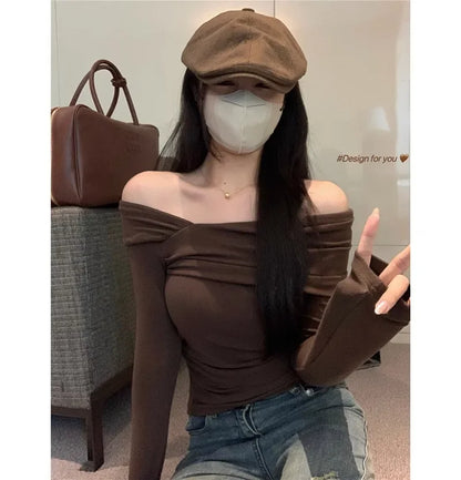 Elegant Off-Shoulder Long Sleeve Knitted Top For Women 2023 Autumn Slimming Smooth Base Layer T-Shirt Polyester Fiber Full Sleev