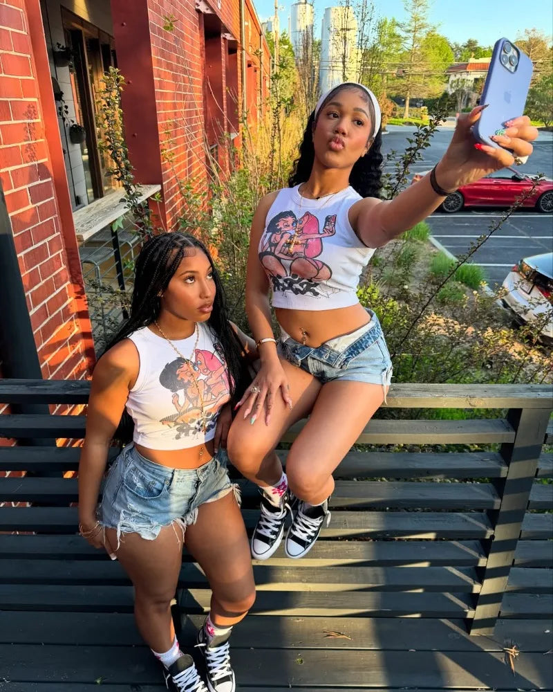 Retro Y2K trendy cartoon pattern printed design women T-shirt Harajuku Gothic rock shirt versatile high street round-neck vest