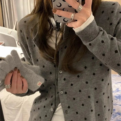 Polka dot knitted cardigan ins women's spring and autumn new style layered design sense versatile slimming long sleeved top GRAY One Size