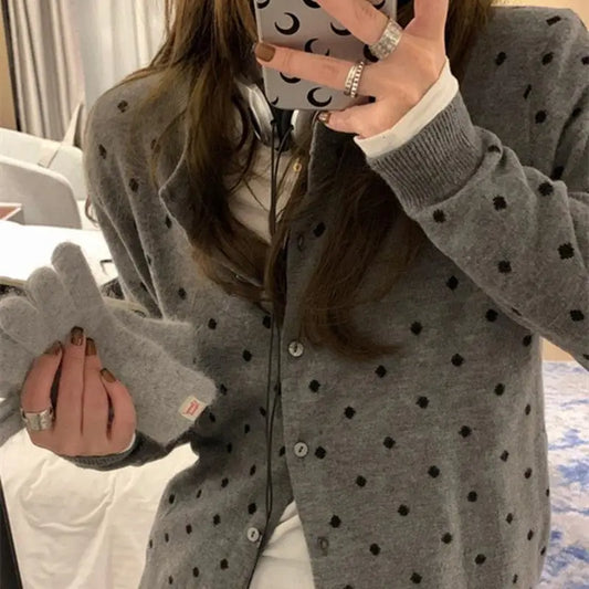 Polka dot knitted cardigan ins women's spring and autumn new style layered design sense versatile slimming long sleeved top GRAY One Size