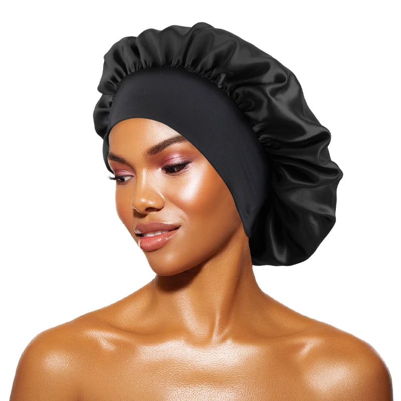 Women's Satin Solid Bonnets Wide-brimmed Night Sleeping Bathing Hat Unisex Head Wrap Elastic Band Cap Hair Care Bonnet black One Size