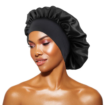 Women's Satin Solid Bonnets Wide-brimmed Night Sleeping Bathing Hat Unisex Head Wrap Elastic Band Cap Hair Care Bonnet black One Size