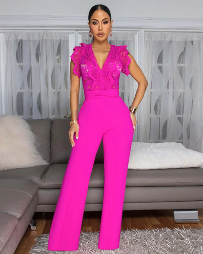 Women Lace See Though Patchwork Short Sleeve V-neck Jumpsuits Summer Vacation One Piece Set Streetwear Fitness Jumpsuit Badiee Stylez