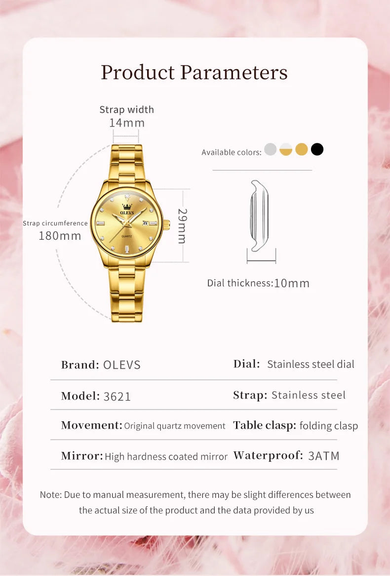 OLEVS Elegant Fashion Brand Women's Watches Gold Waterproof cCalendar Quartz Watch for Lady Stainless Steel Original Wristwatch