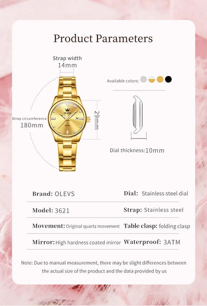 OLEVS Elegant Fashion Brand Women's Watches Gold Waterproof cCalendar Quartz Watch for Lady Stainless Steel Original Wristwatch
