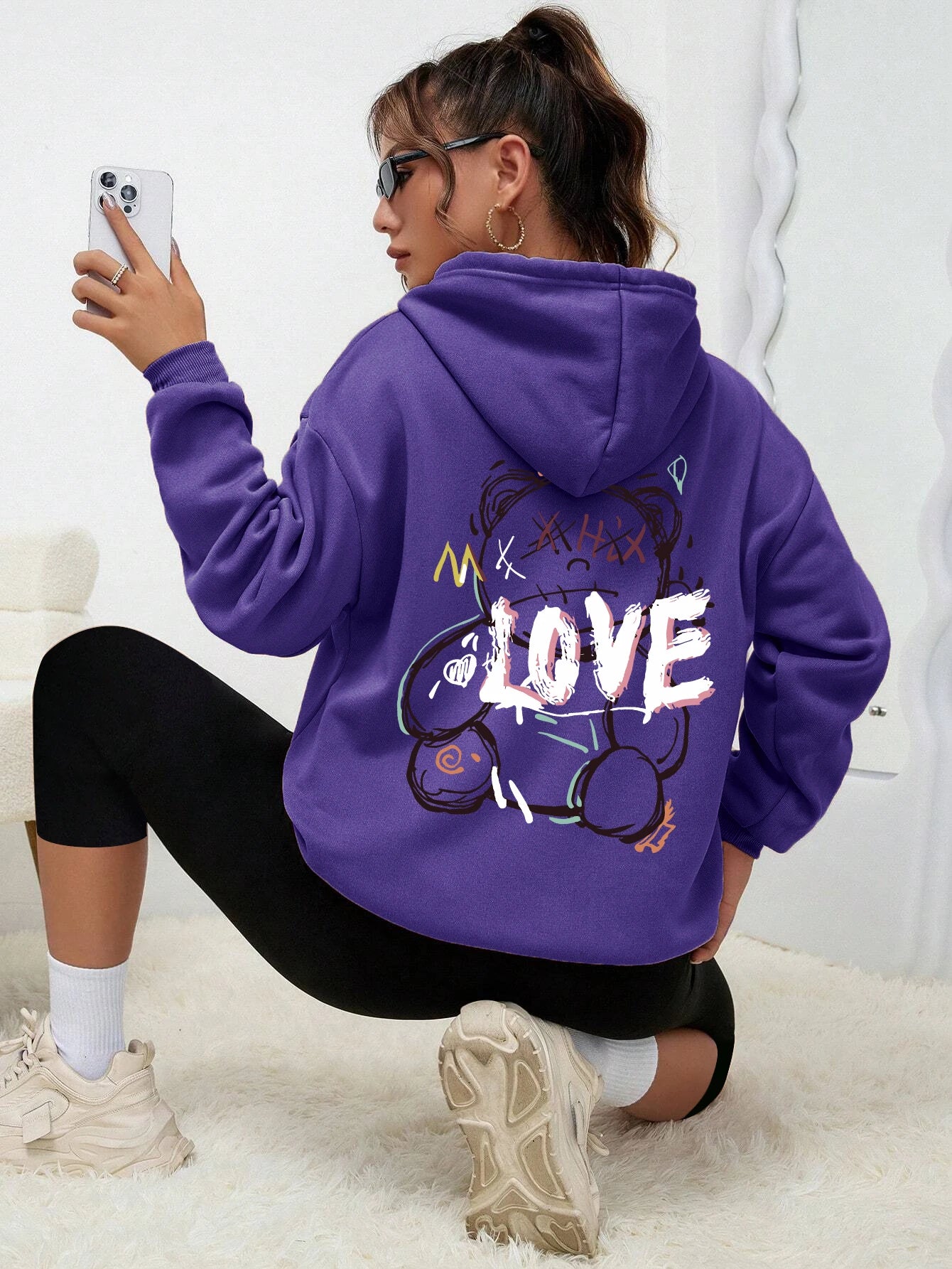 Graffiti Line Bear Simple Print Female Hoody Harajuku S-Xxl Sweatshirt Fashion Casual Street Hooded Autumn Warm Streetwear Women Purple
