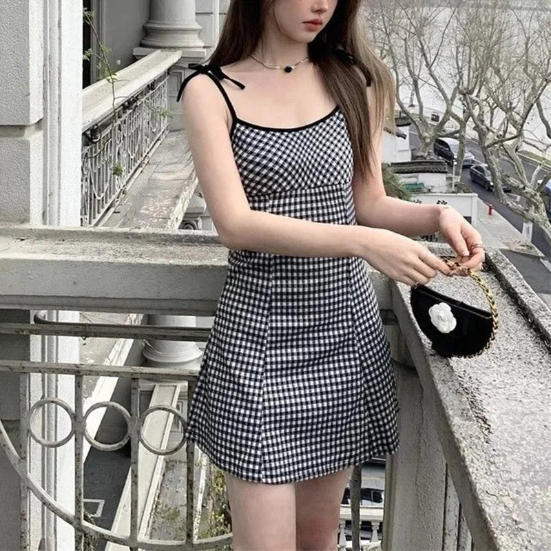 Summer Girls Sweet Red Plaid Slip Dress Lady Korean Designer Bowknots Slim Fit Skirts Female Beach Vacation A-line Short Dress