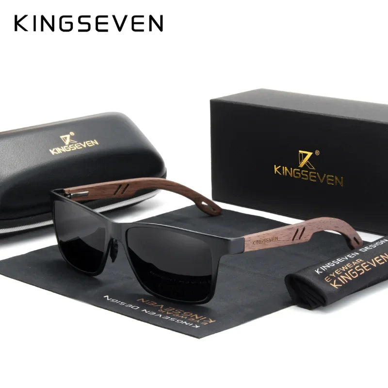 KINGSEVEN Vintage Polarized Men Wooden Sunglasses Wood UV400 Protection Fashion Square Sun Glasses Women Gafas De sol Black Leather
