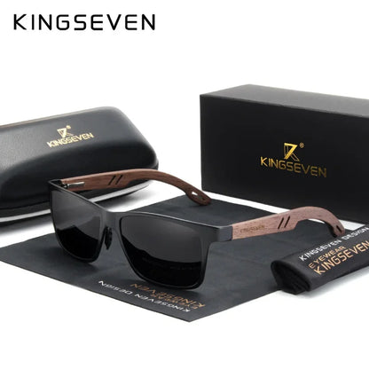 KINGSEVEN Vintage Polarized Men Wooden Sunglasses Wood UV400 Protection Fashion Square Sun Glasses Women Gafas De sol Black Leather