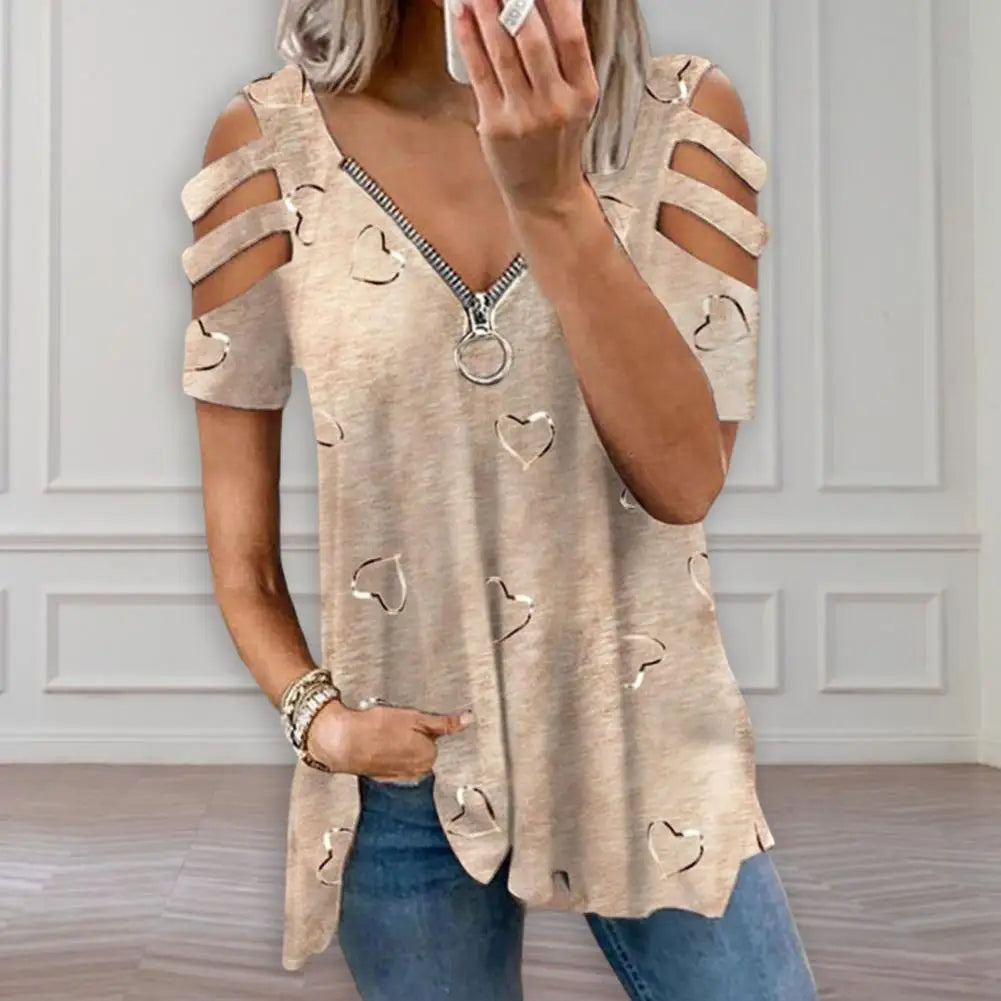 Women Summer Top V Neck Low-cut Hollow Out Short Sleeves T-shirt Match Pants Loose Plus Size Women Blouse Women Clothes