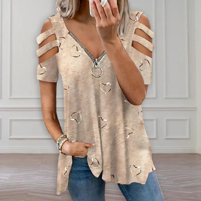 Women Summer Top V Neck Low-cut Hollow Out Short Sleeves T-shirt Match Pants Loose Plus Size Women Blouse Women Clothes