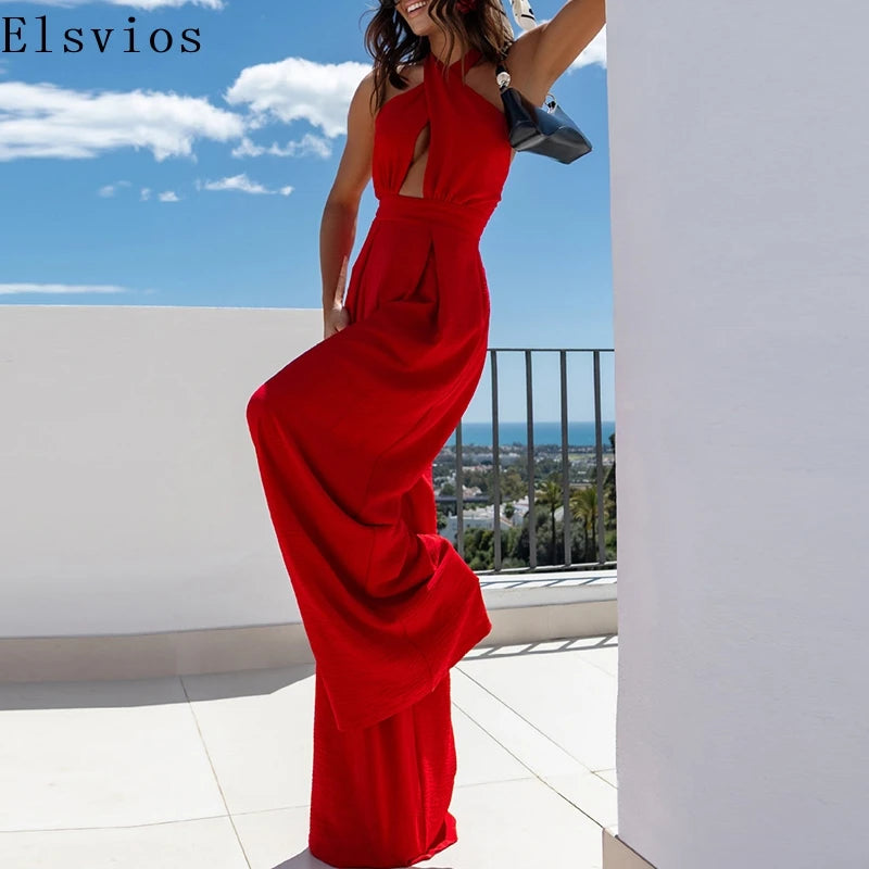 Women Fashion Hollow Combination High Street Hollow Backless Slim Long Jumpsuit 2025 Solid Cross Halter Wide Leg Office Rompers