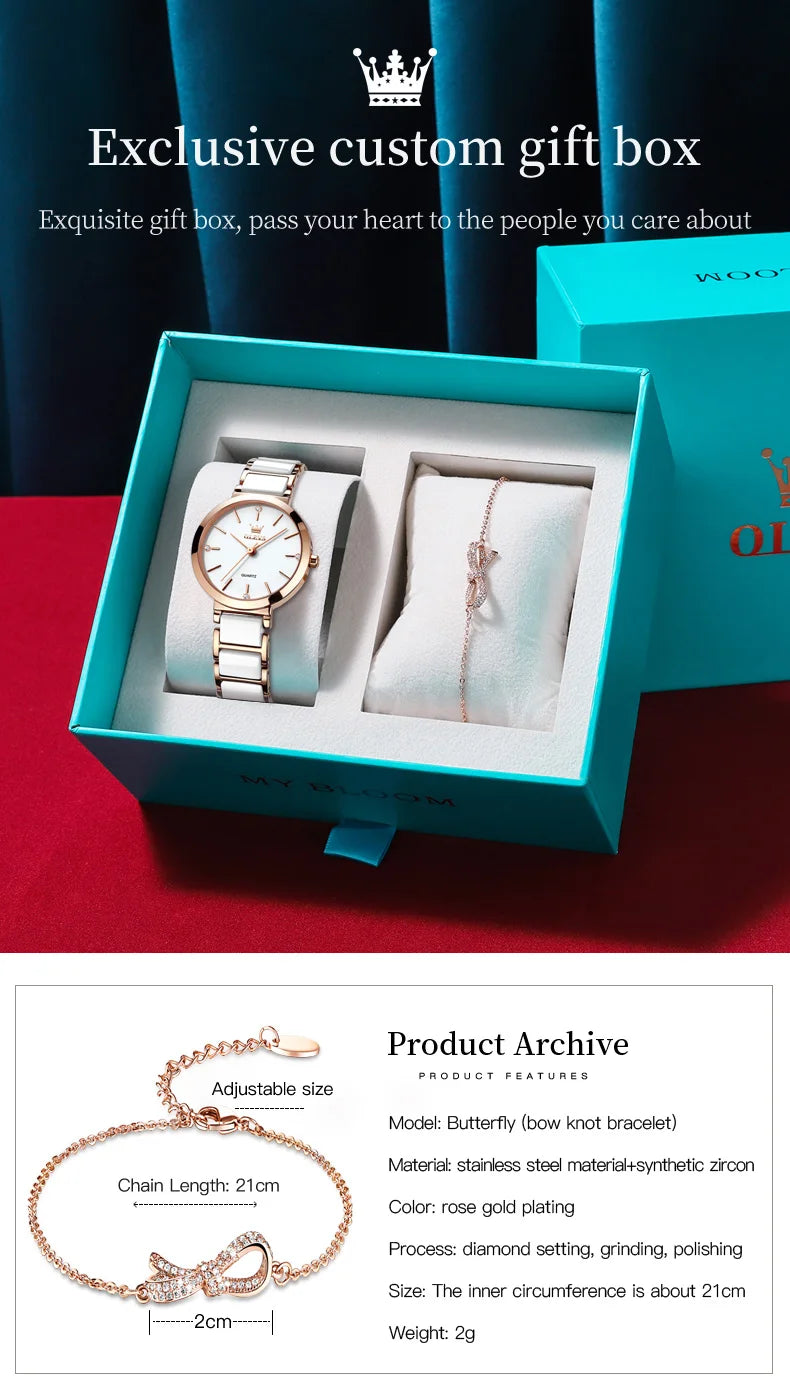 OLEVS Luxury Brand Women Watches Ceramic Tape Japanese Movement Quartz Watch for Lady Gift Bracelet Fashion Versatile Exquisite