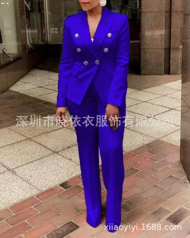Women Pants Set Two Piece Sets Turn Down Collar White Blazer Elegant Coats Matching Sets Work High Waist Long Pants Suits blue