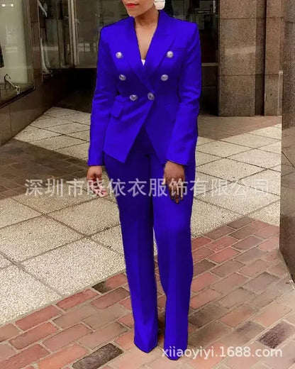 Women Pants Set Two Piece Sets Turn Down Collar White Blazer Elegant Coats Matching Sets Work High Waist Long Pants Suits blue
