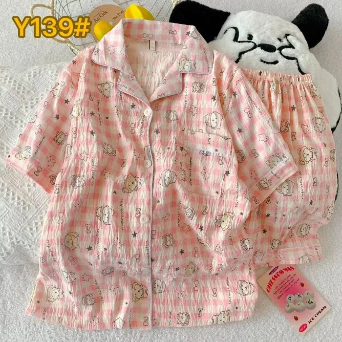 Cute Pink Cloud Cotton Spwear Bear Print Home Clothes Long Sve ort Sve Women's Comfortable Home Suit Summer Thin Y139