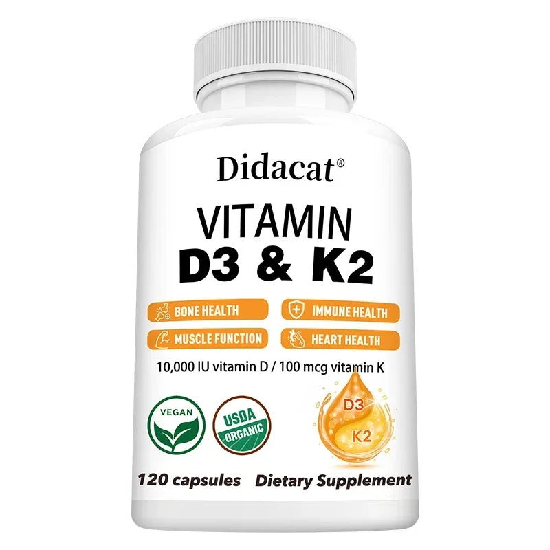 Vitamin D3 10000 IU + K2 MK7 100 Mcg Supplement Capsules, Supports Joint and Immune Health, Strong Bones, Non-GMO 120 count-1 bottle