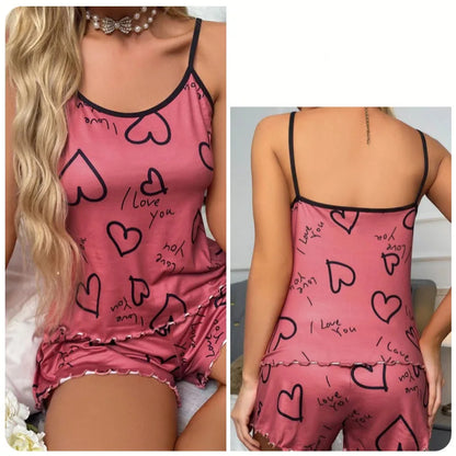 women's heart-shaped printed pajamas set sexy pajamas silk pleated vest shorts set soft and comfortable home wear sweet and cute red