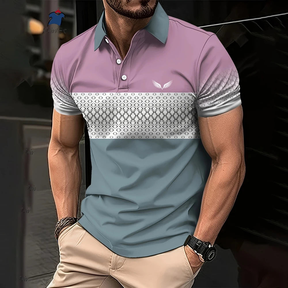 Stylish Geometric Polo Shirt for Men - Fashionable Lapel Design for Business & Casual Wear