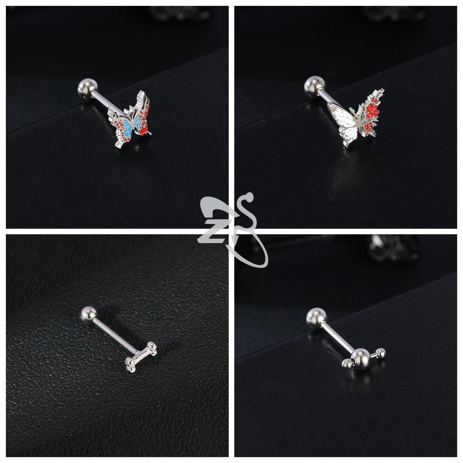 ZS 1 Piece 14G Stainless Steel Tongue Piercing Ring Colorful Butterfly Bone Tongues Stud Punk Skull Snake Body Piercings Jewelry