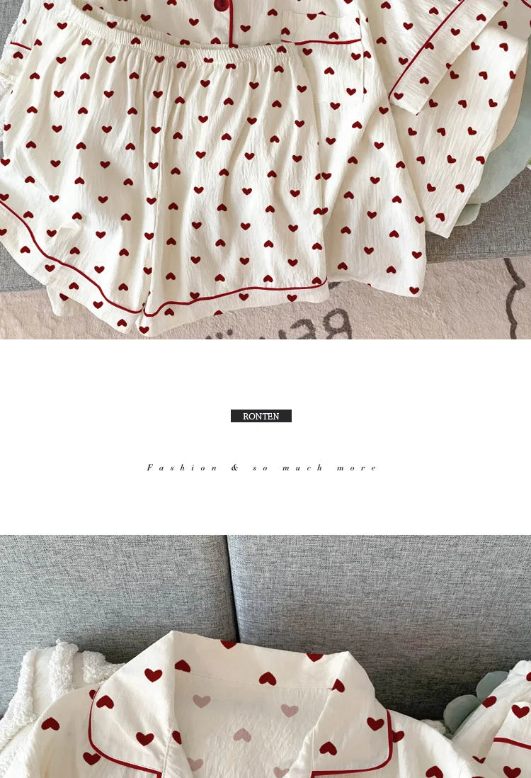 Women Summer Pajamas Three-piece Set Leisure Sleepwear Short Sleeve Lapel Sweet Heart Print Homewear Female Loose Loungewear