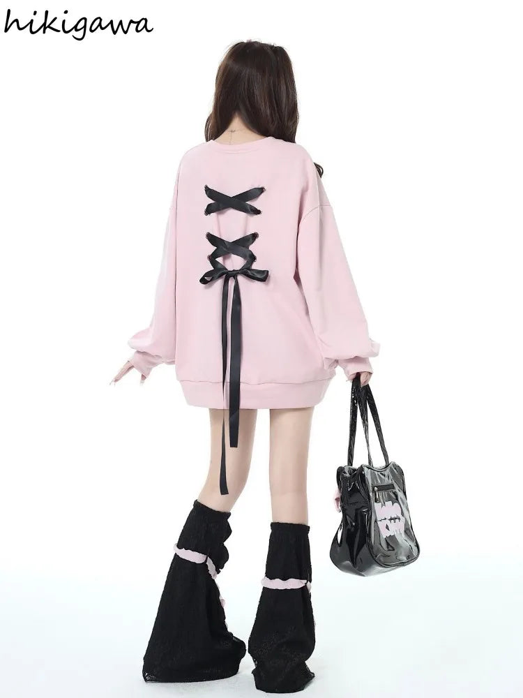 Sweet Sweatshirt Women Clothing Bow Bangage O-neck Long Sleeve Casual Y2k Tops 2025 Ropa Mujer Fashion Japanese Y2k Hoodies