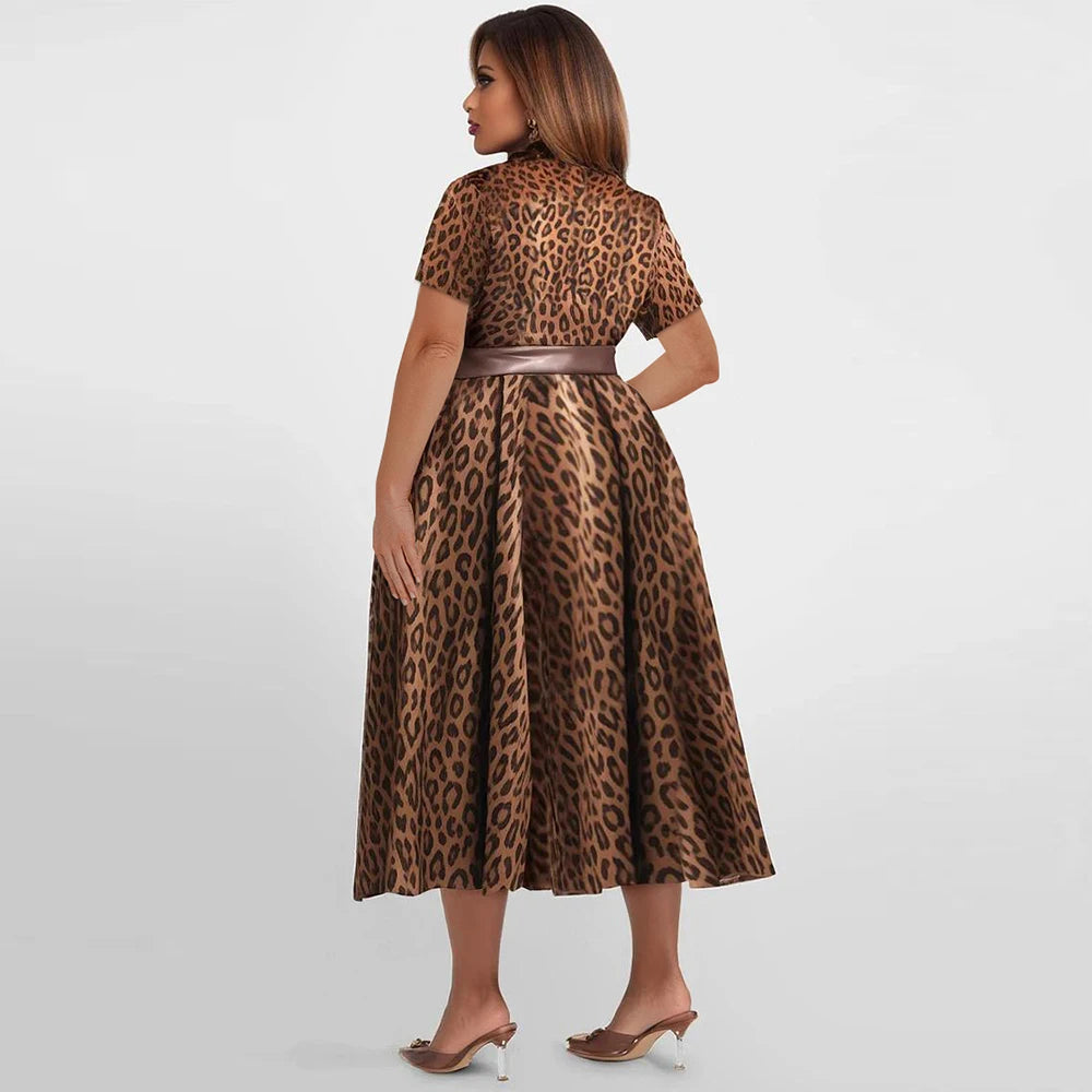 Women's Plus Size Leopard Printed Dress Large Lapels Short Sleeves Loose Elegant Belt Dresses 2025 Summer Female Casual Vestidos