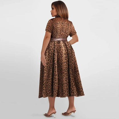 Women's Plus Size Leopard Printed Dress Large Lapels Short Sleeves Loose Elegant Belt Dresses 2025 Summer Female Casual Vestidos