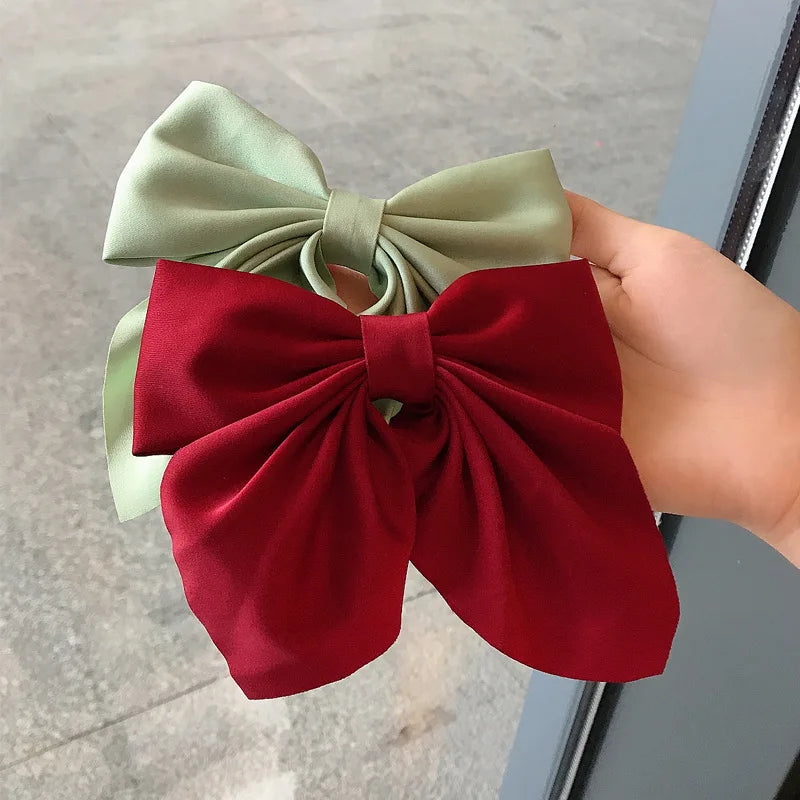 Solid Color Satin Bowknot Hair Clips For Girls Sweet Bow Women Hairpins Butterfly Barrettes Duckbill Clip Kids Hair Accessories 2pcs-Green Red