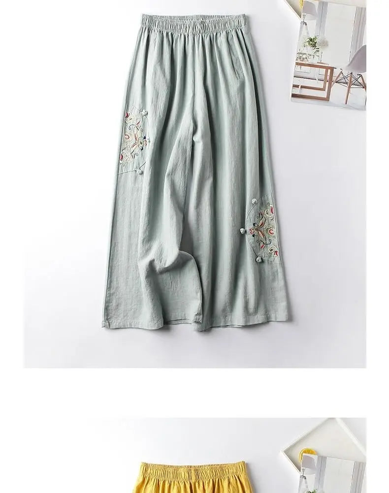 Summer Cotton Linen Cropped Pants Women Casual Thin Vintage Ethnic Bottom Embroidered Wide Leg Pants Woman Clothes Trousers