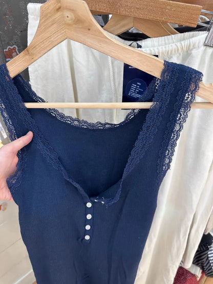 Lace Trim Solid Ribbed Tank Top for Woman Spring Buttons U Collar Sleeveless Slim Camis Simple Cotton Basic Vest Sweet Y2k Tops