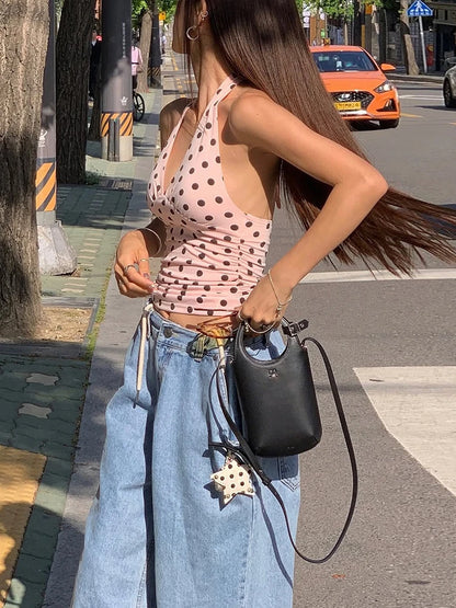 weird Puss Polka Dot Print Vest Women Y2K Lace-Up Backless Halter v-Neck Skinny Summer Trend Daily Street Basic Chic Tank Tops