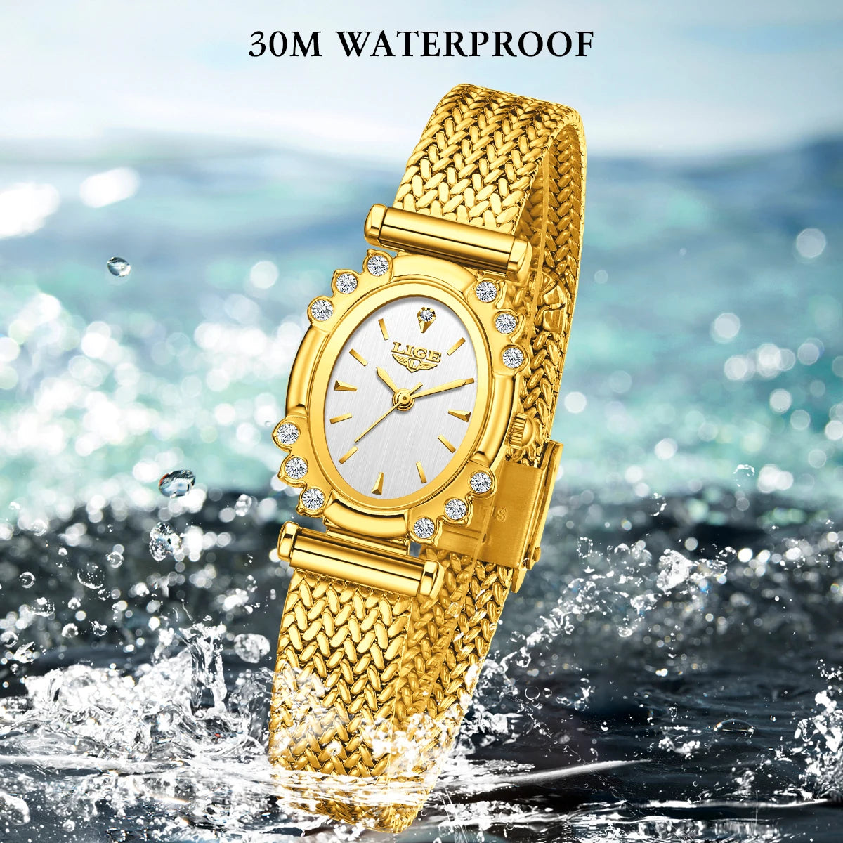 LIGE 2025 New Gold Square Watch For Women Simple Fashion Waterproof Quartz Ladies Watches Ultra-Thin Mesh Women's Bracelet Watch