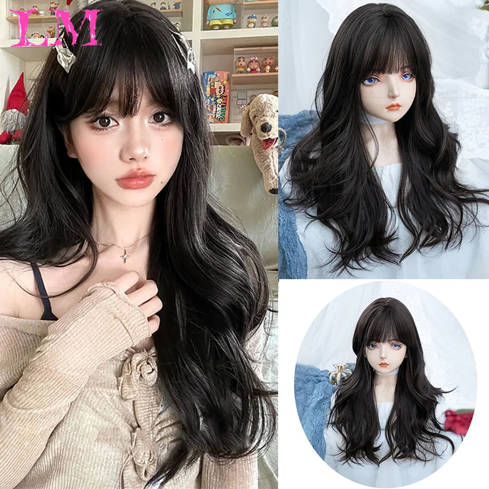 LM Long Silky Straight Synthetic Wigs with Bangs Black Cosplay Party Lolita Hair Wigs for Women Natural Heat Resistant Wig T1B 613