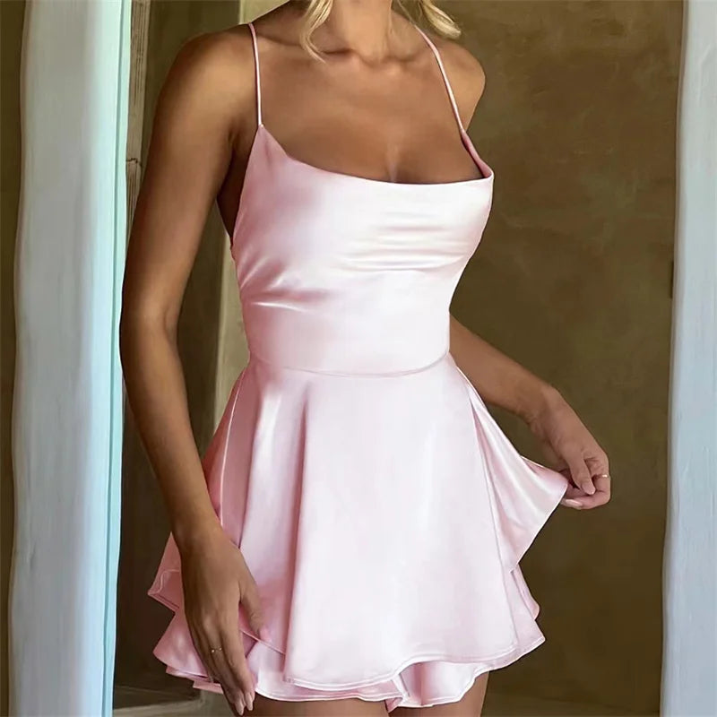 Women Solid Color Cami Playsuits Backless Women Sexy Spaghetti Strap Sleeveless Halter Shorts Jumpsuit Ruffle Romper Clubwear