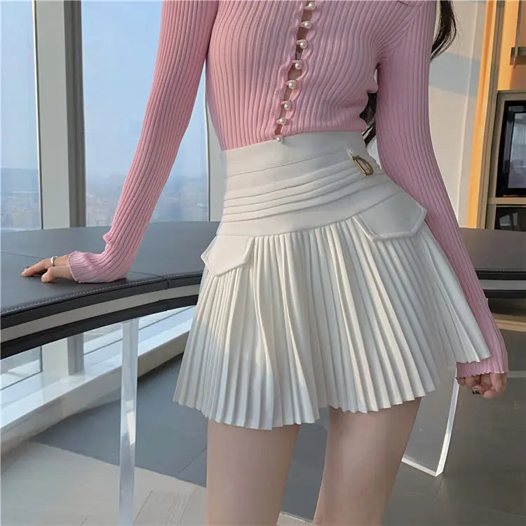 White Pleated Skirt Women High Waist Skater Skirt Female Korean A-Line High Fashion Casual Short Skirt Women Bottoms