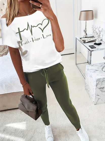 Casual Letter Print Short Sleeve T-Shirt and Long Pants Two-Piece Set Badiee Stylez