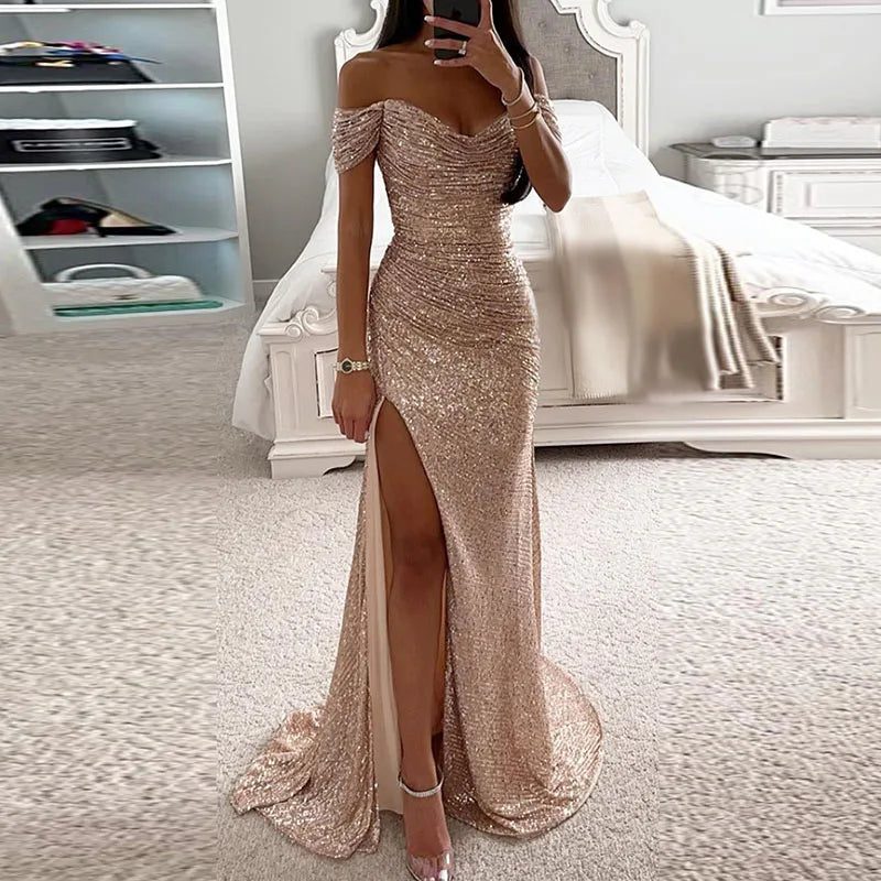 Women Elegant High Slit Cocktails Dress New Lady Party Banquet Slim Sequin Maxi Dress Sexy Slash Neck Glitter Floor-Length Dress 05 Champagne