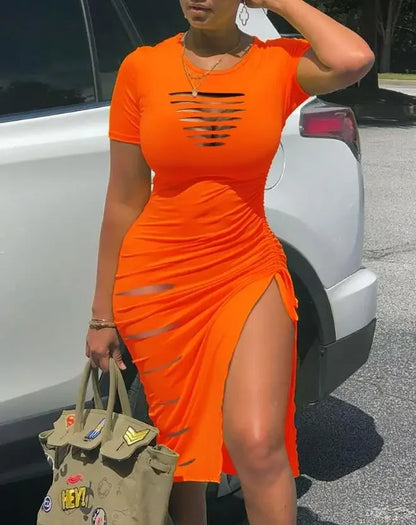 Women's Dresses 2023 Summer Fashion Contrast Leopard Print Drawstring Ruched Casual O-Neck Short Sleeve High Slit Skinny Dress Orange