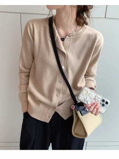 New 2025 Spring Summer Knit Cardigan O-Neck Solid Color Fashion High-Grade Comfortable Slim Casual Knitwear Tops Milk tea color One Size
