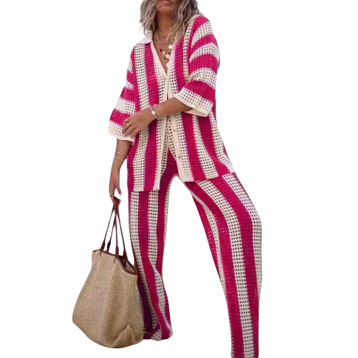 Women With Summer V-neck Button Top & Wide Leg Pants Suits Spring Crochet Hollow Knitted Set Woman 2 Pieces Striped Print
