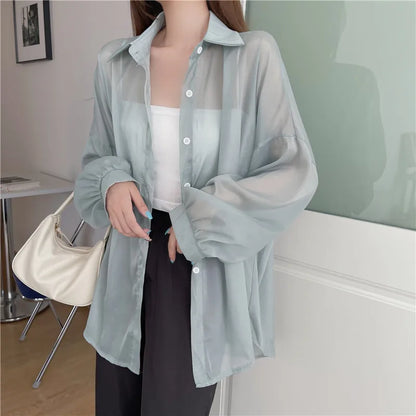 Semi Sheer Long Sleeve Shirt for Women Shimmer Button Down Collared Plain Lightweight Shirt Spring Summer Chic Tops Outfit