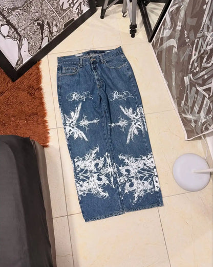 New Hip-hop Punk Harajuku Y2K Streetwear Trousers Women Goth Cross Print Baggy Jeans American Retro High Waist Wide-leg Pants AA