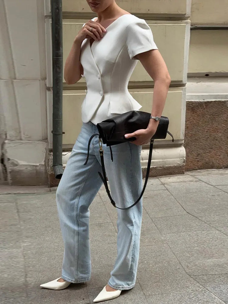 Elegant Short Sleeve Women's Top 2025 Summer Fashion V-neck Button Slim Office Lady Commuting Tops Street Solid Female Shirt