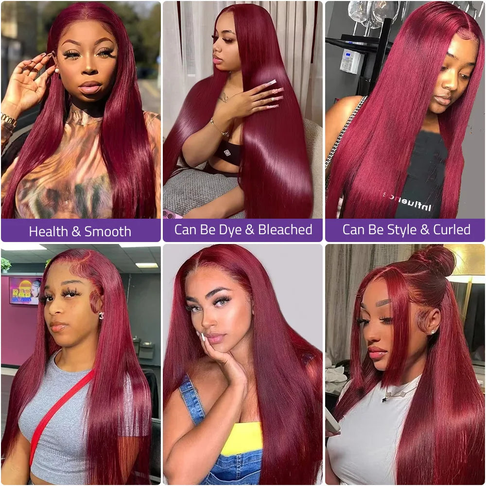 30Inch Burgundy Bone Straight 99J Colored 13x4 Lace Front Wig Human Hair 13x6 HD Transparent Lace Frontal Wigs For Women Badiee Stylez