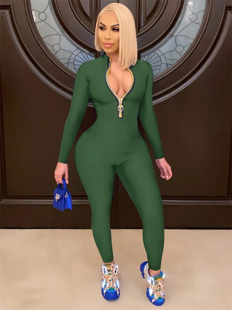 WESAYNB Wholesale Streetwear Clothes Zipper Long Sleeve Jumpsuit Women 2022 Black Blue Pink One-pieces Outfits Bodycon Jumpsuits army green