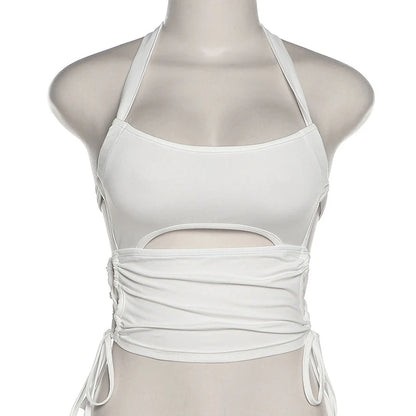 Y2K Sexy Backless Summer Crop Top Women Hollow Out White Sleeveless Bandage Halter Tank Tops Streetwear Cami 90s